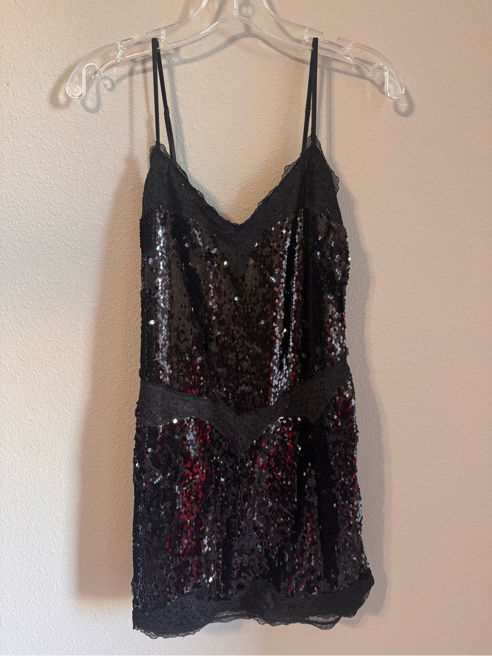 Black Sequin and Lace Slip Dress - Picture 2 of 3